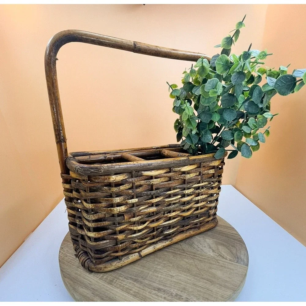 Vintage Tortoise Bamboo Utensil Caddy: Rustic Wicker Basket